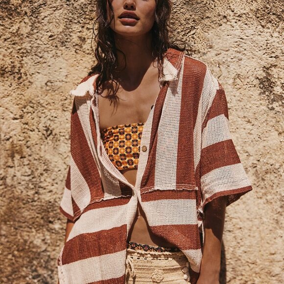 Free People We‎ The Free Del Mar Cabana Shirt Brown Combo NEW SIZE XSMALL - Picture 3 of 8